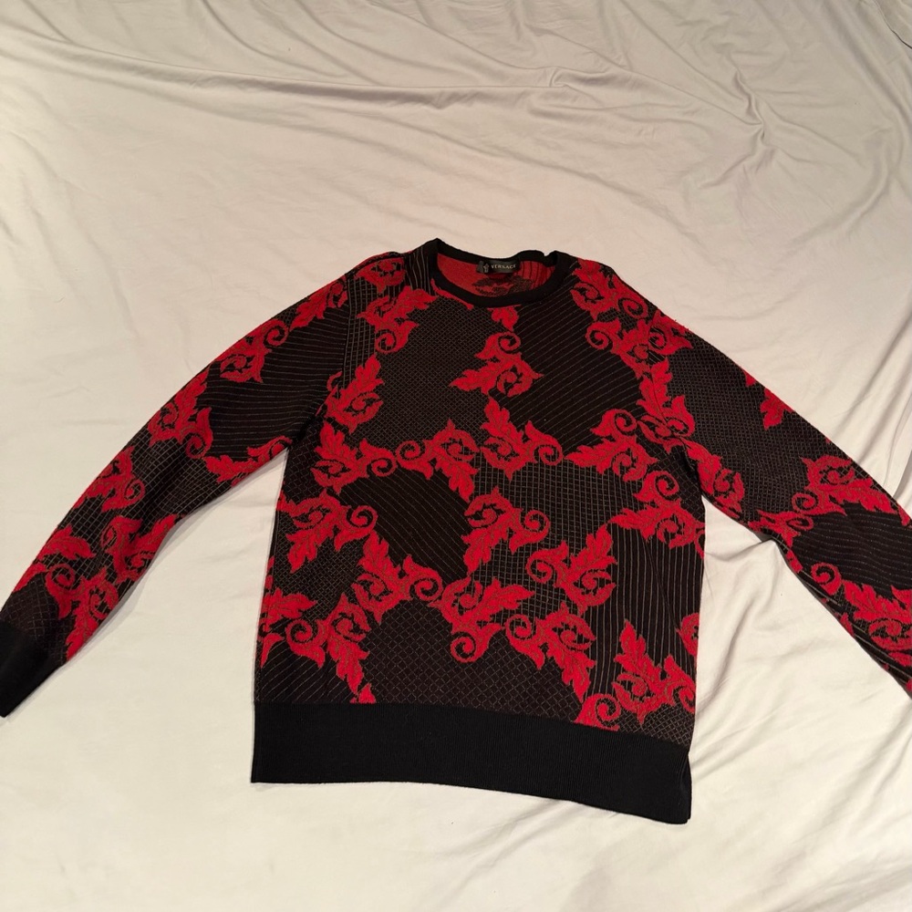 Versace Red and Black Baroque Pattern Crewneck Sweater